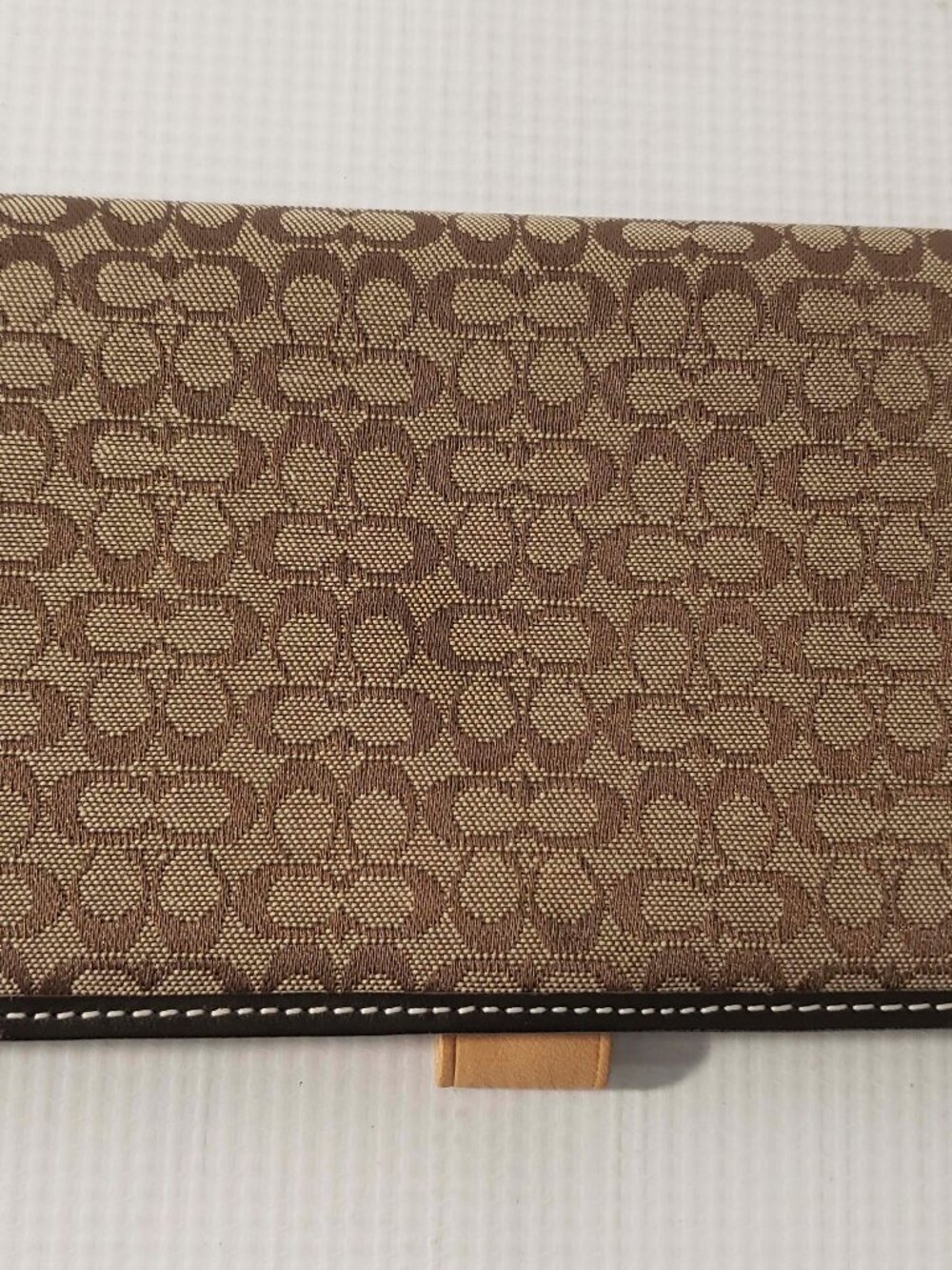 Coach Checkbook Cover Brown Signature Jacquard with Leather Trim